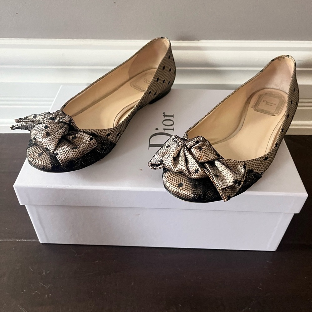 Dior Women's Gold and Black Bow Flats